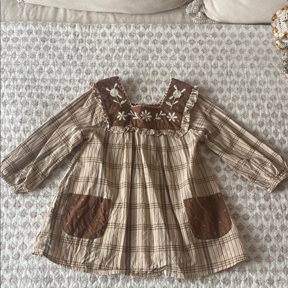 Apolina Kids Plaid Dress with Floral Embroidery